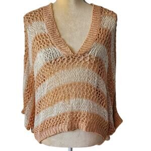 Irene's Story Open Knit Crochet Beachy Poncho Sweater Peach White Small